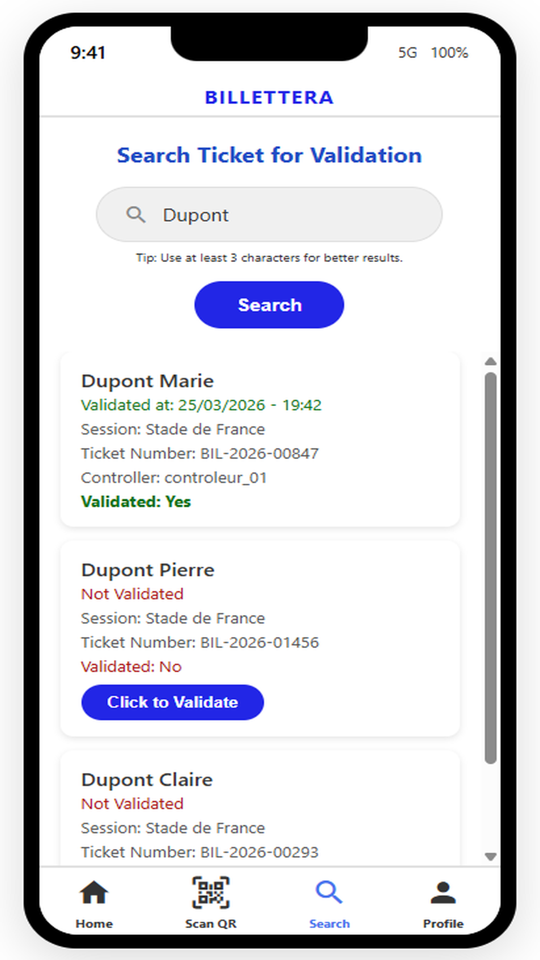 Search for "Dupont" showing the tickets found with their validated or not status, and a manual validation button