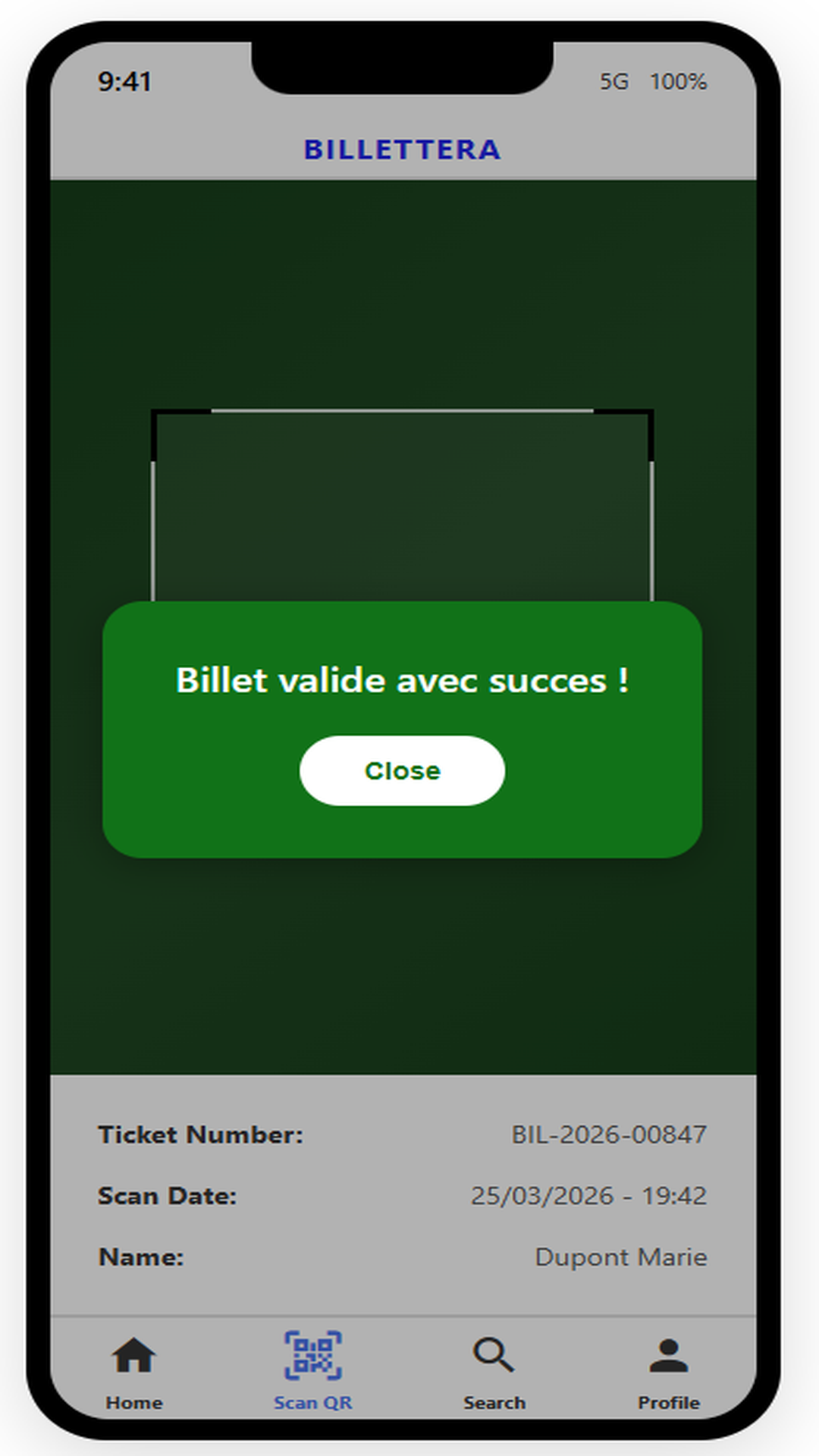 Scanning camera with the green message "Ticket validated successfully" and the ticket details