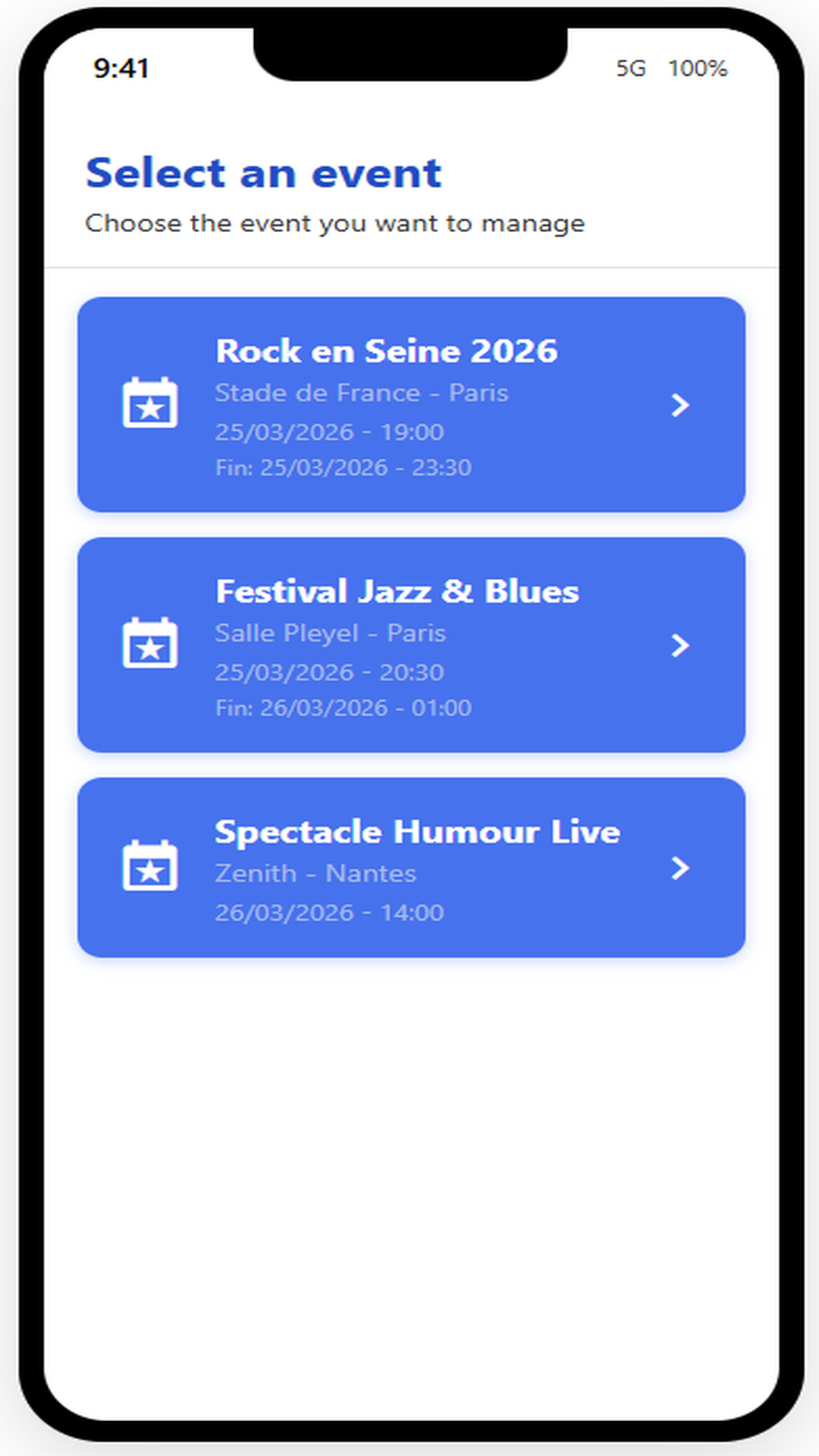 "Select an event" screen listing three events with their venue and times