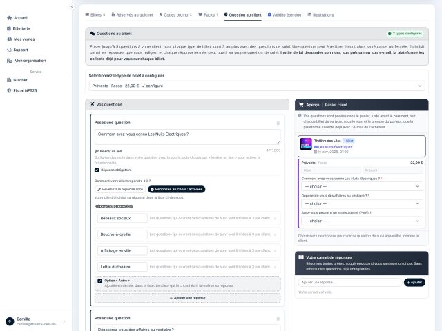 Questions au client : posées dans le panier, avec des questions de suivi selon la réponse