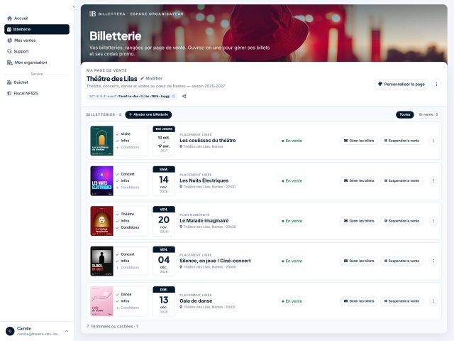 Toutes vos billetteries sur une page : affiche, date, état de la vente et actions en un clic