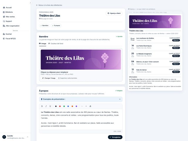 Votre page de vente à vos couleurs : bannière et présentation de votre structure