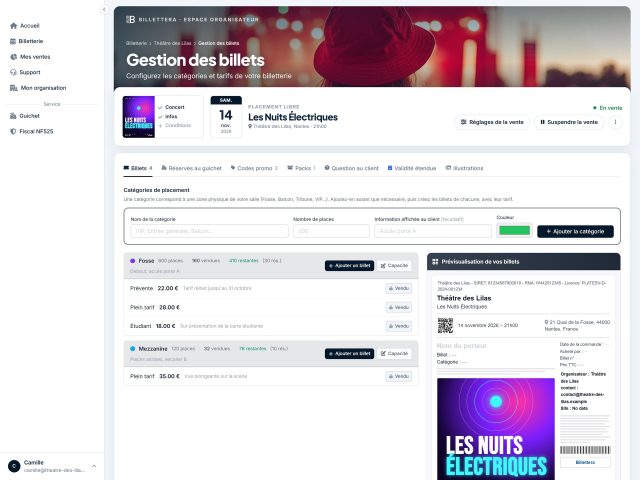 Vos catégories de placement et vos tarifs, avec l'aperçu du billet