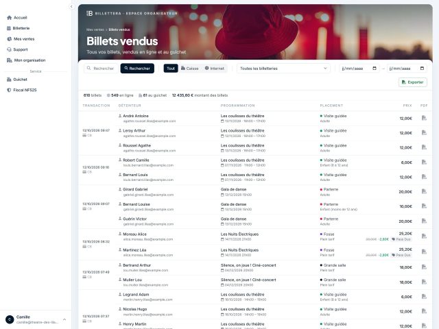 Tous vos billets vendus : recherche, filtres, codes promo et packs, export