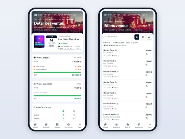 Sur téléphone : le détail des ventes et tous les billets vendus
