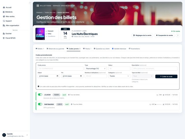 Codes promo en pourcentage ou en montant fixe, limités dans le temps et en nombre