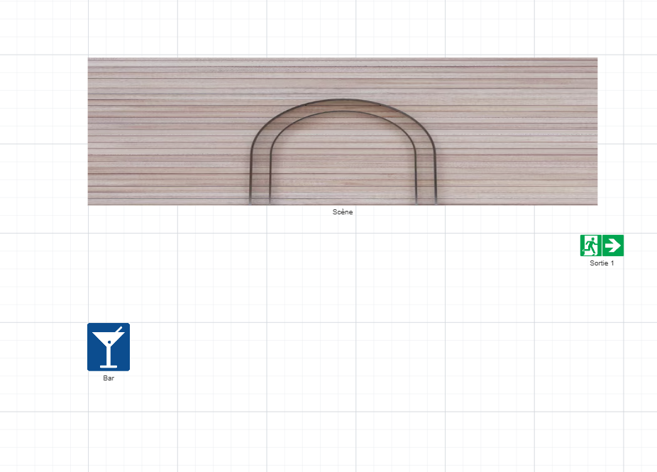 Structural objects (stage, bar, exits, restrooms), interactive seating chart software Billettera