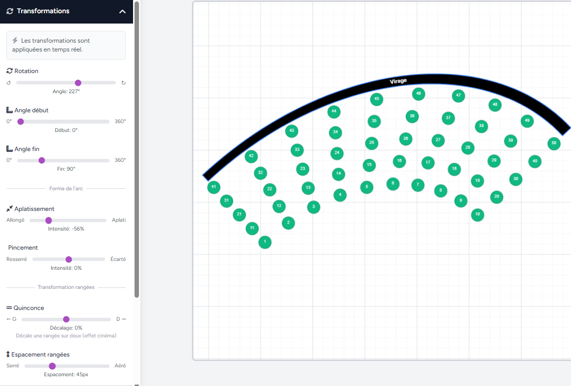 Flatten deformation on a curved arc stand, interactive seating chart Billettera