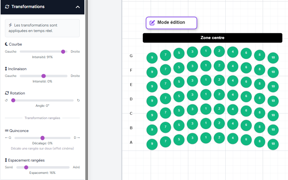 Curve deformation applied to a straight stand, interactive seating chart Billettera