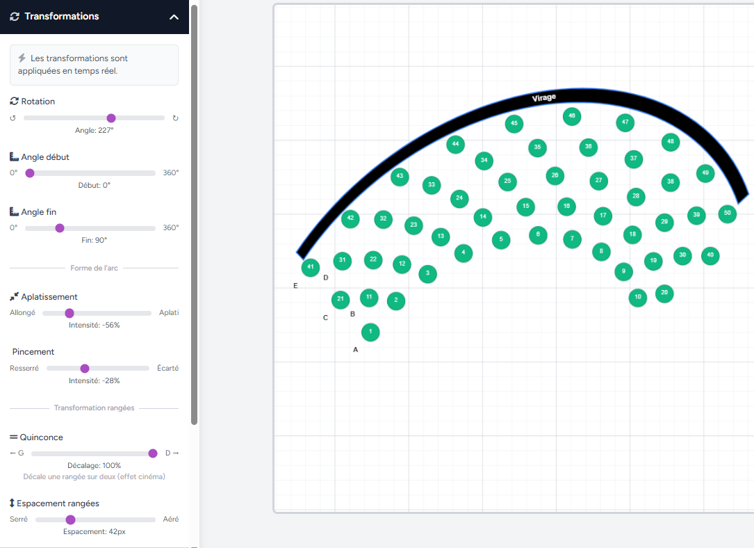 Pinch deformation on a curved arc stand, interactive seating chart Billettera