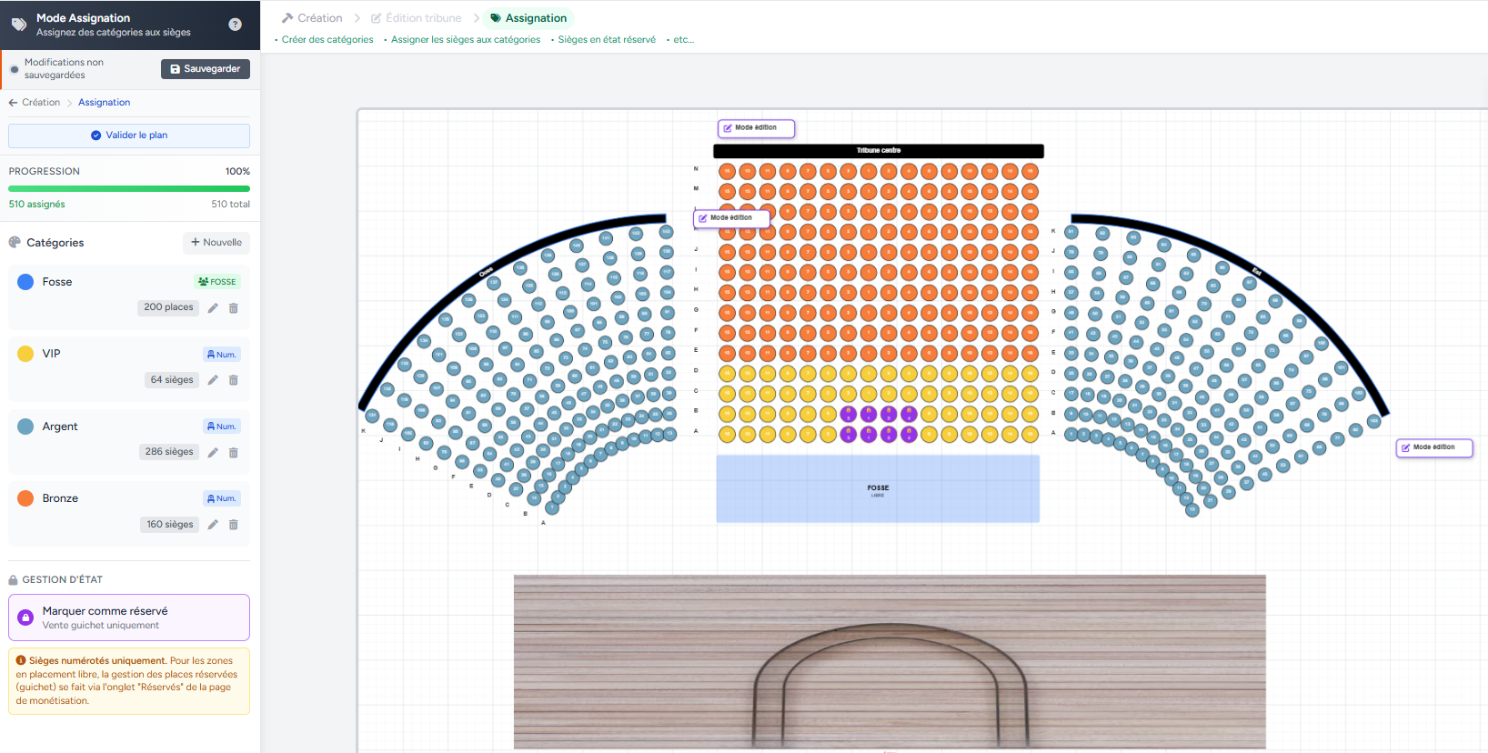 Hybrid plan combining numbered stands, standing pit, stage and bar, free ticketing software Billettera