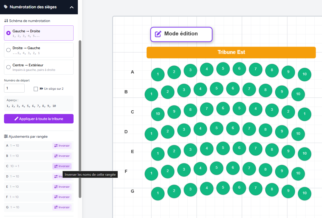 Inversion of numbering direction row by row, seating chart Billettera