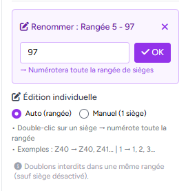 Automatic renaming of seats across an entire row, seating chart Billettera